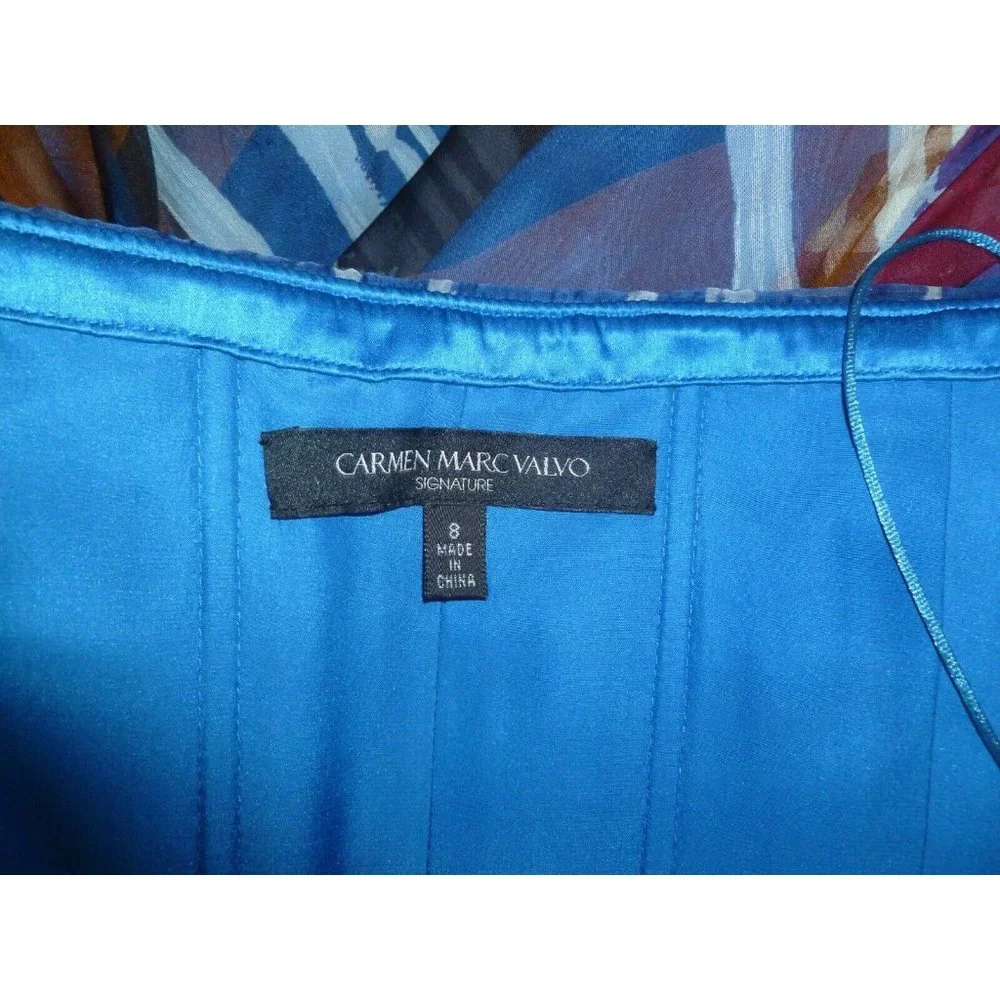 Carmen Marc Valvo Blue Strapless Dress Beaded Silk Summer 8